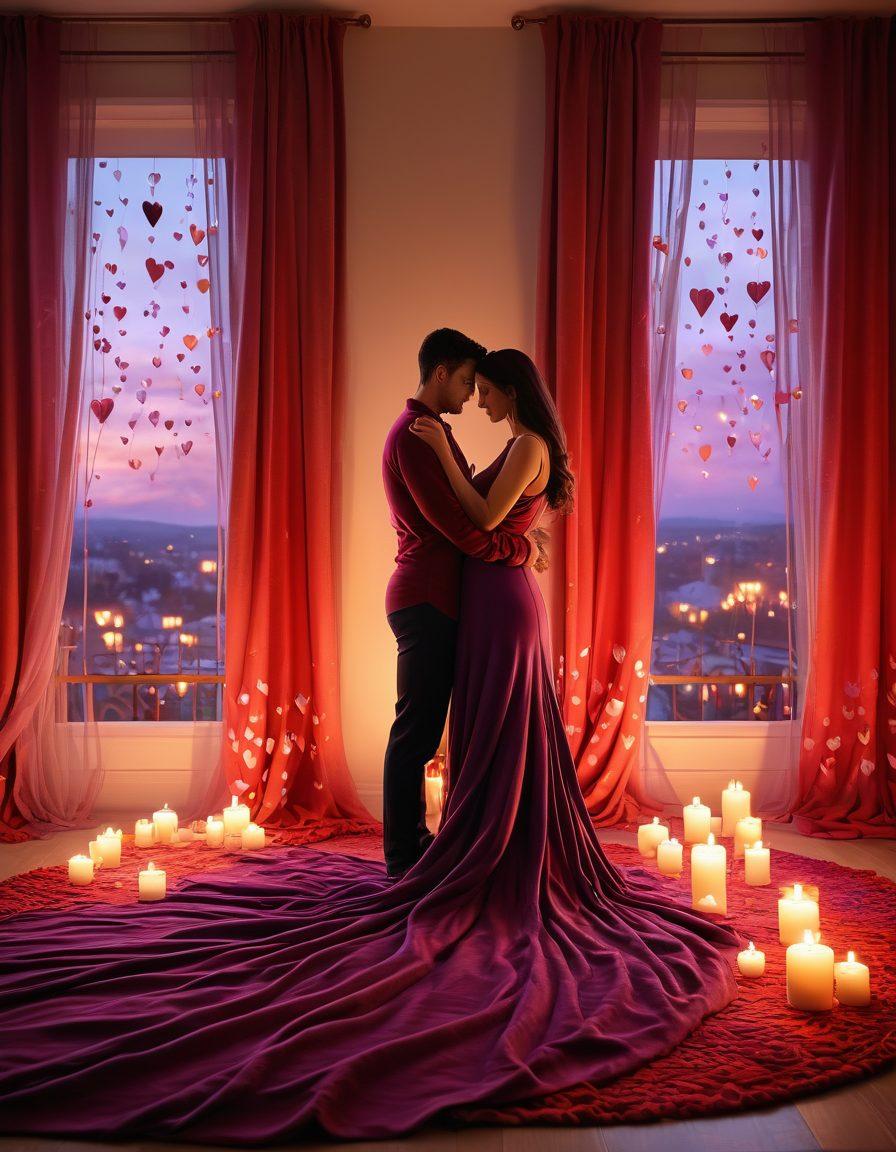 A captivating scene depicting a couple embracing in a warmly lit, intimate setting, surrounded by soft textiles and flickering candles. The background features abstract representations of hearts and passion, with vibrant hues of red and purple. Their expressions convey deep connection and warmth, inviting viewers into their emotional world. Gentle light filters through sheer curtains, enhancing the romantic atmosphere. vibrant colors. 3D. soft lighting.