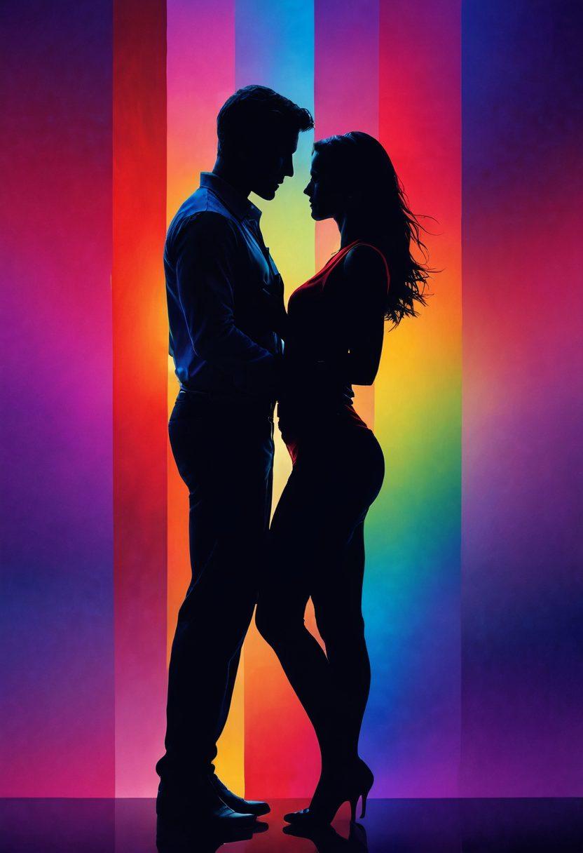 A vibrant, abstract representation of the spectrum of desire, featuring intertwining silhouettes of diverse couples engaging in various affectionate gestures, from playful flirting to intimate moments. Bright, alluring colors like crimson, violet, and electric blue blend to symbolize passion and exploration, with subtle hints of sensuality in the background. The composition evokes a sense of adventure and openness in relationships. super-realistic. vibrant colors. abstract art.