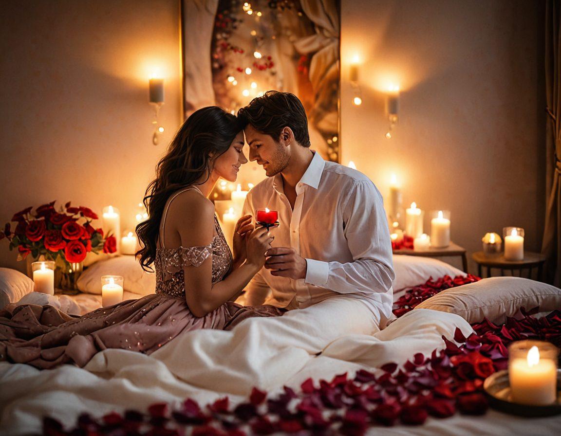 A cozy, softly lit room adorned with rich fabrics and textures, featuring a couple sharing an intimate moment, surrounded by candles and rose petals, evoking a sense of warmth and connectivity. Include subtle symbols of sensuality like intertwined hands and gentle caresses, complemented by dreamy bokeh effects in the background. soft focus. romantic atmosphere. vibrant colors.